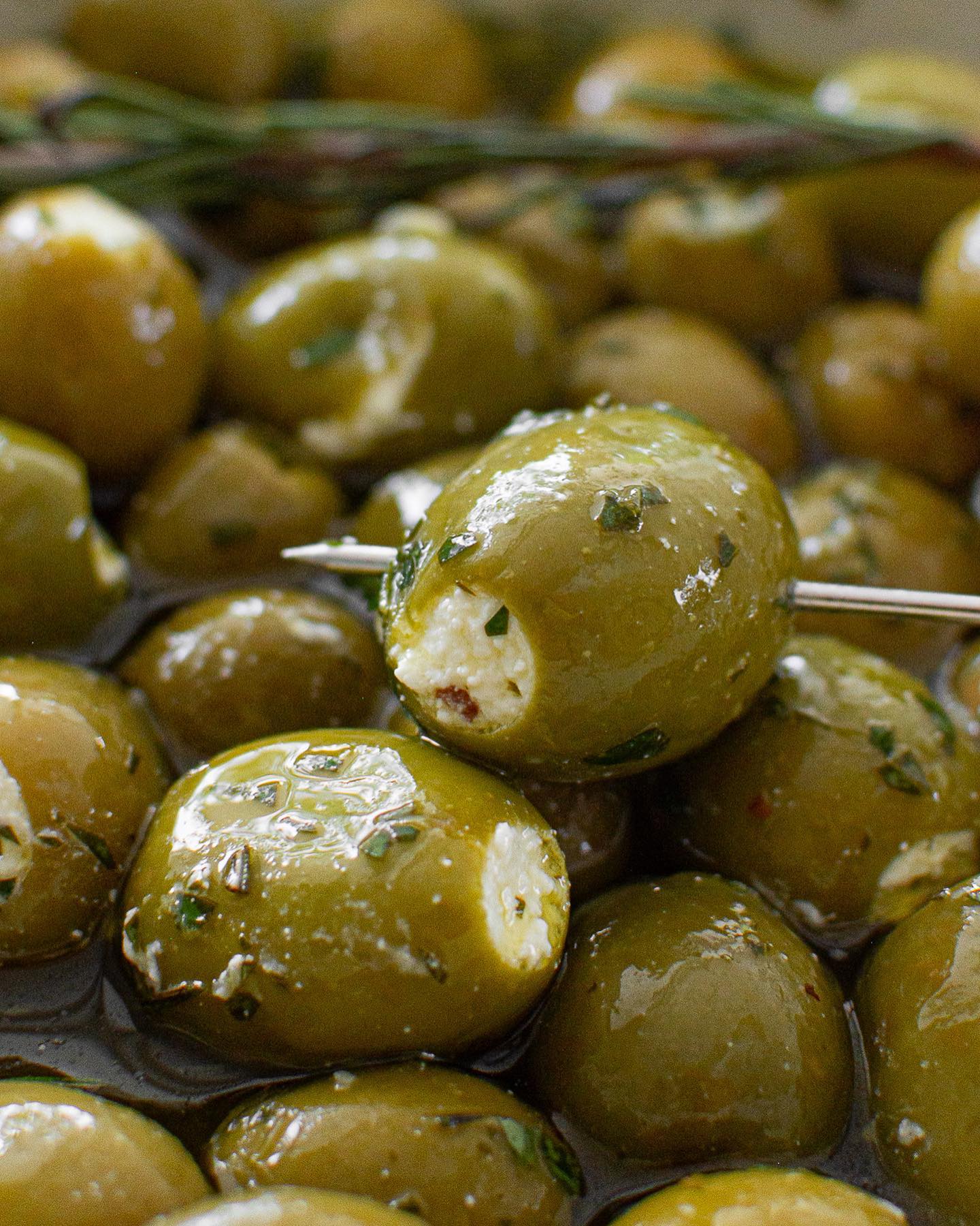 Feta stuffed marinated olives 🫒 💕