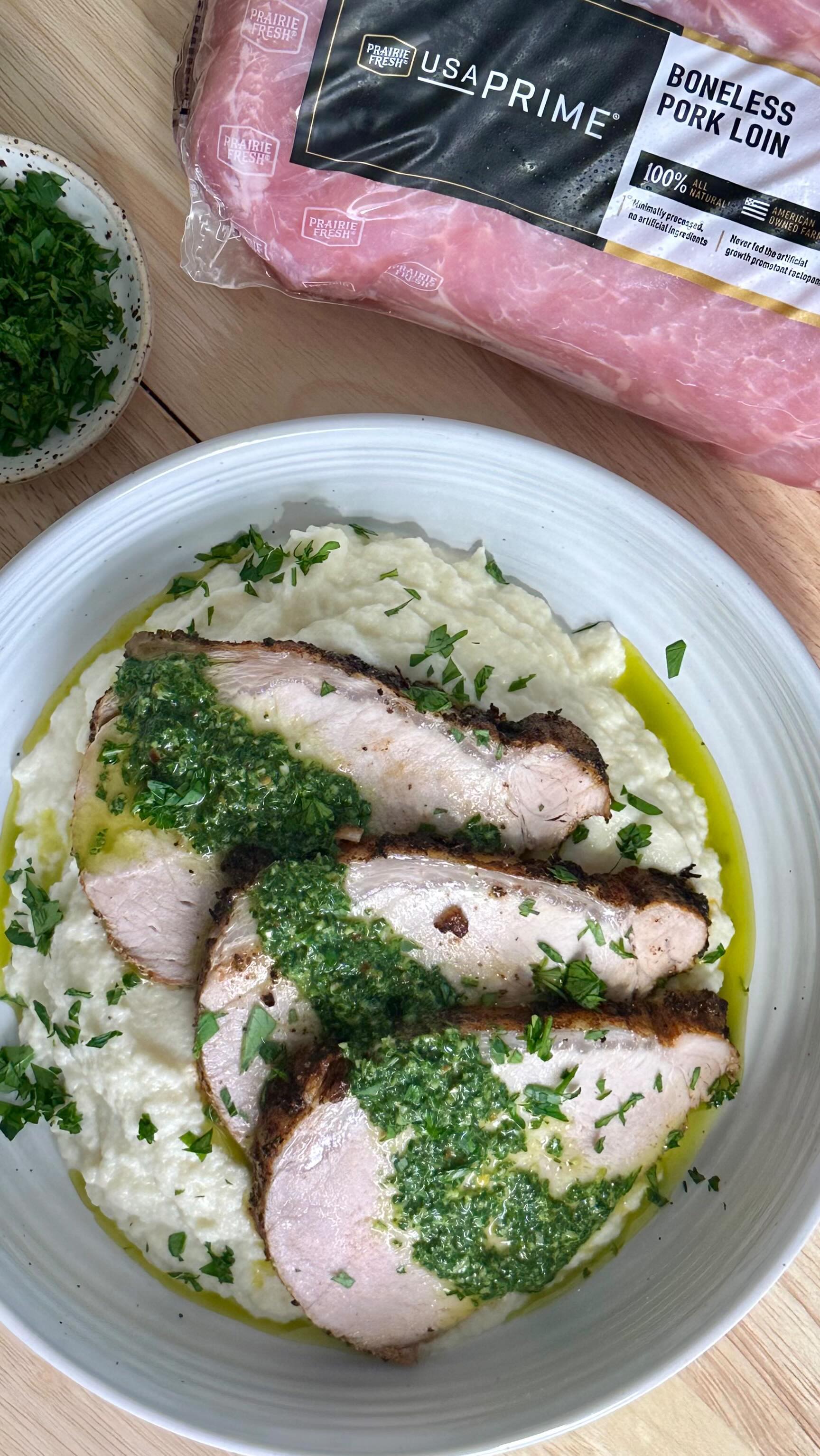 🤤Juicy Pork Loin with Chimichurri Sauce and Cauliflower Mash