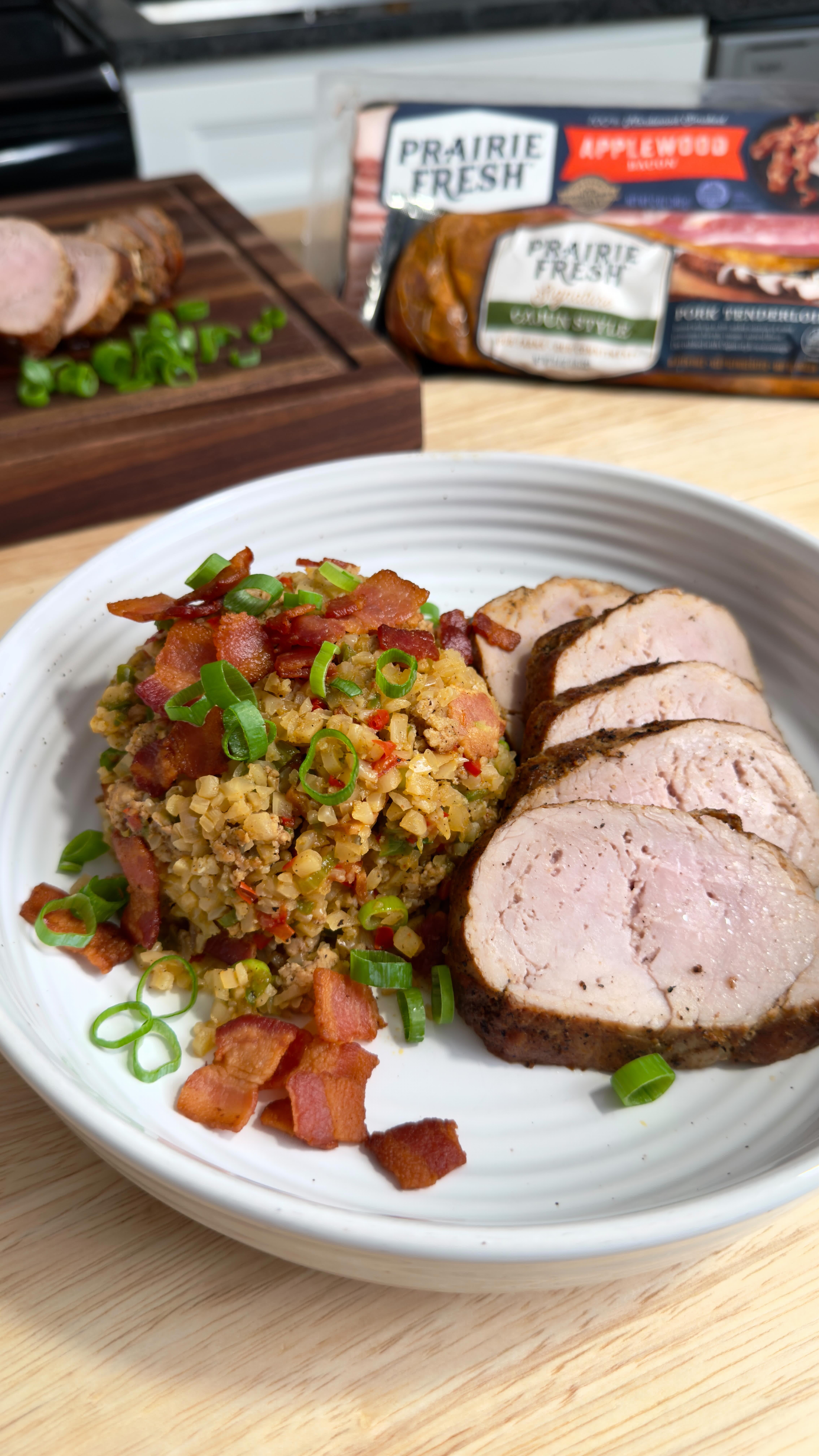 🥘🥓One-Pan Cajun Pork & Bacon “Dirty” Cauliflower Rice
