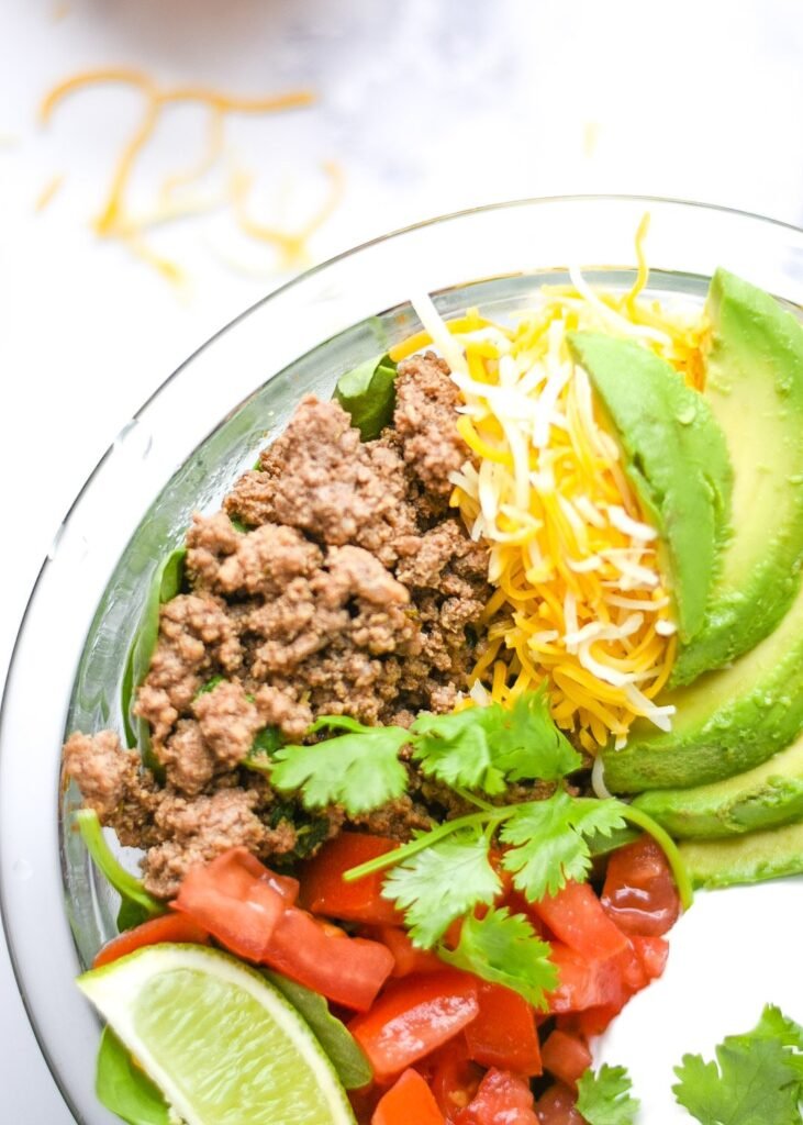 sweetketolife.com-taco-salad-for-keto-ingredients-cheesy-ground